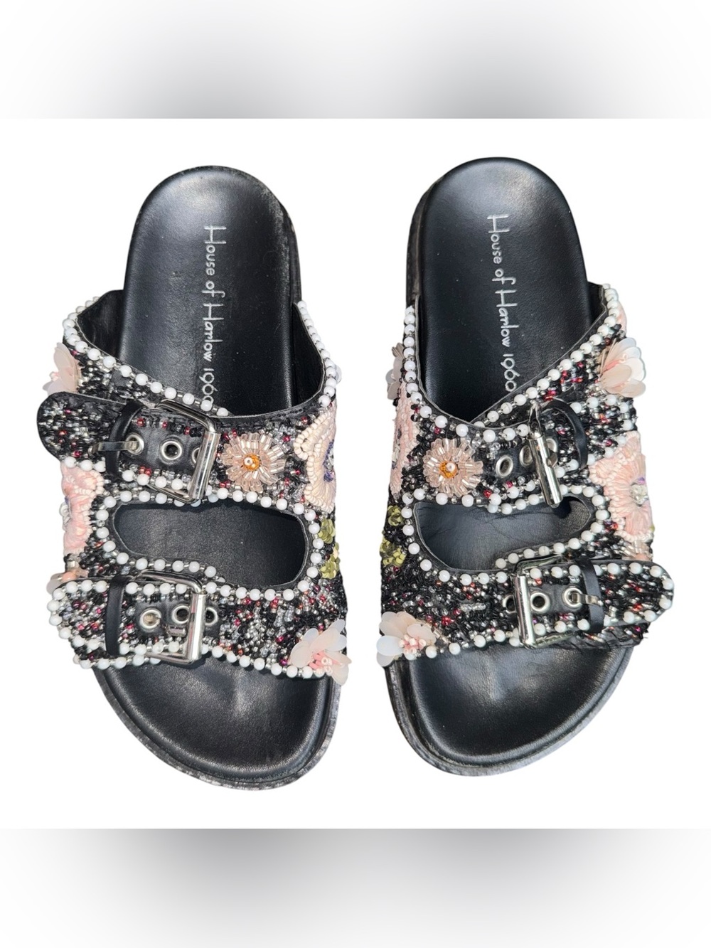 HOUSE OF HARLOW 1960 Beaded Sandals Buckle Slide Boho Pink Floral Black Size 6